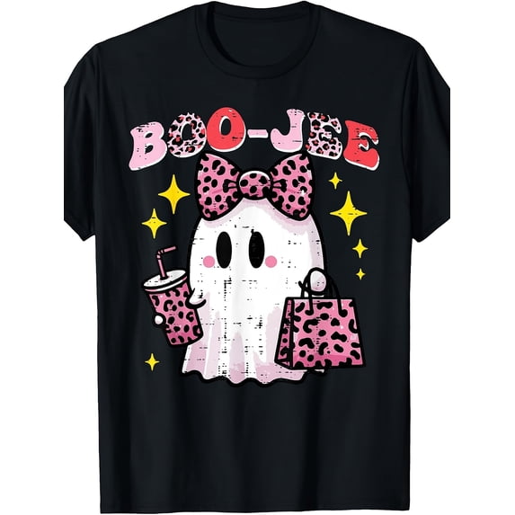 Childrens Wear Pink Leopard Ghost Boo Jee Graphic Unisex Short Sleeve Cotton Tee For Kids Girls Boys Cute Funny Halloween Gift