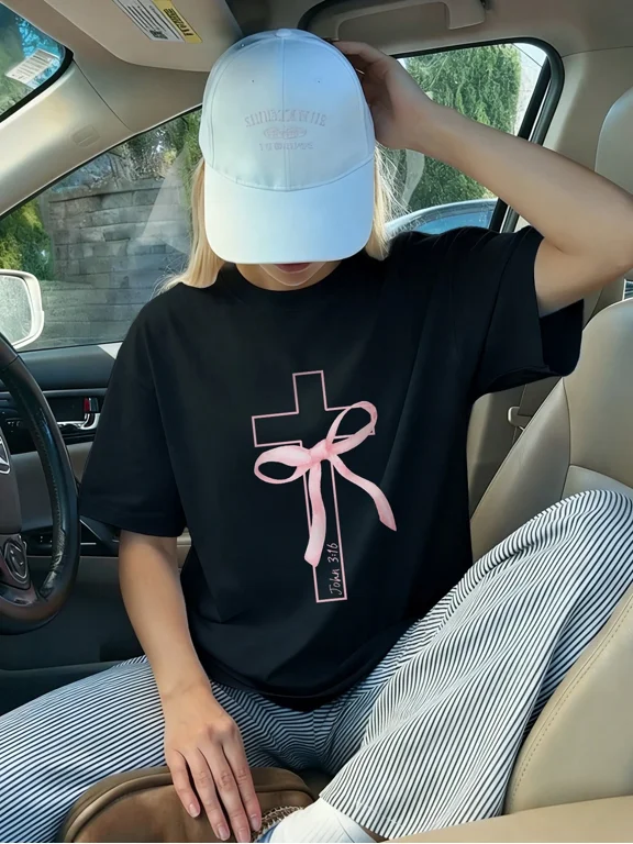 Childrens Wear Pink Ribbon Cross Graphic Unisex Short Sleeve Cotton Tee For Kids Cute Casual Summer Gift