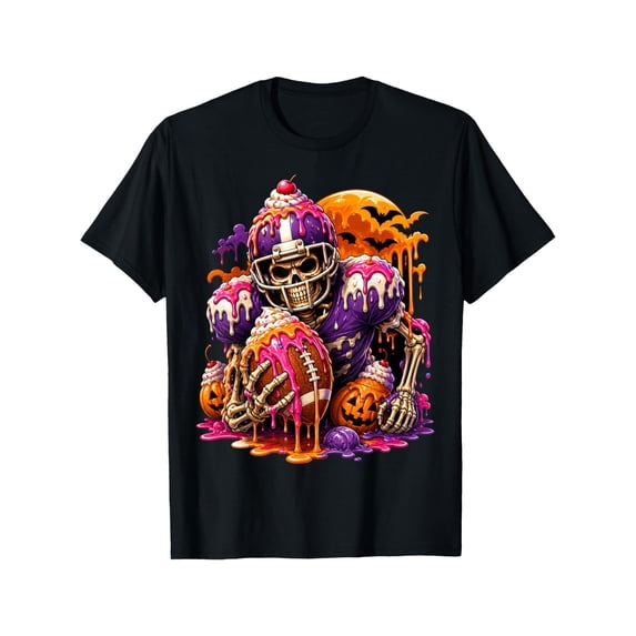 Childrens Wear Skeleton Football Player With Ice Cream Helmet And Pumpkin Ball Graphic Unisex Short Sleeve Cotton Tee For Kids Boys Girls Funny Cute Style Halloween Holiday Occasion Gift