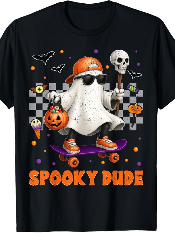 Childrens Wear Spooky Dude Ghost Skateboard Graphic T Shirt For Boys Girls Funny Cute Style Halloween Party Gift Unisex Short Sleeve Cotton Tee