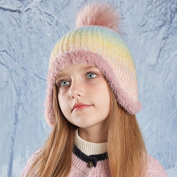 Childrens Winter Hats Knitted Winter Beanie Hat with Pompom Ear Flaps Cap Warm Winter Hat for Boys and Girls