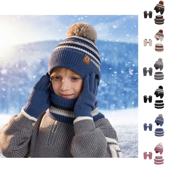 Childrens Winter Hats with Ear Flaps Gloves Scarf Set, Children Beanies Hats Warm Beanie for Ages 4-10 Years Girls Boys