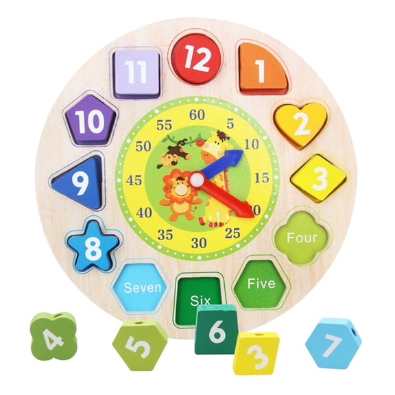 Childrens Wooden Geometric Digital Alarm Clock Puzzle Toy Animal Pattern
