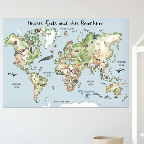 Childrens World Map Of Animals Poster, Unframed Paper Poster 8x10in