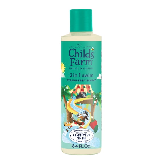 Childs Farm, Kids 3 in 1 Swim, Strawberry and Organic Mint, Body Wash, Shampoo and Conditioner, 8.4 Fl Oz