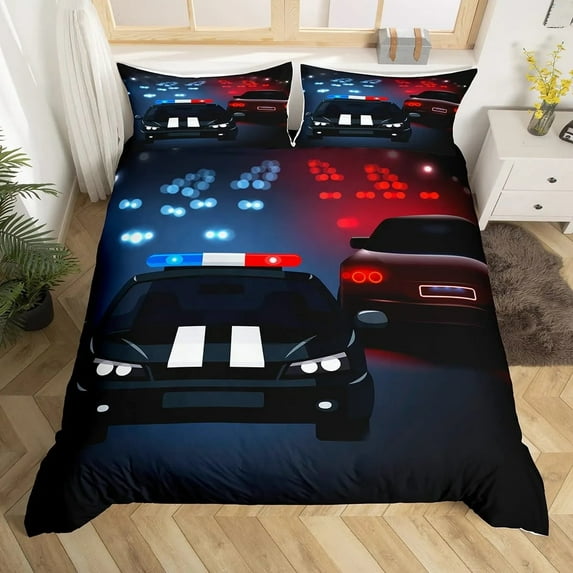 Childs Police Car Boys Cartoon Car Duvet Cover Emergency Responder Vehicles Duvet Cover for Blue Grey Bedroom rations
