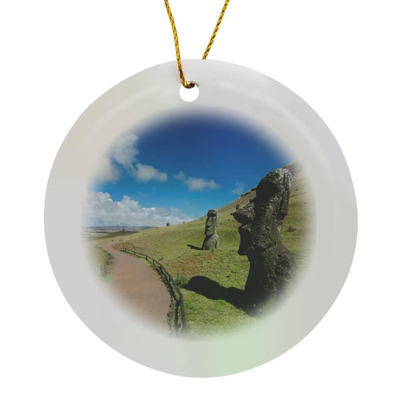 Chile, Easter Island. Rapa Nui Np, Stone Moai Head, Circle Porcelain Ornament