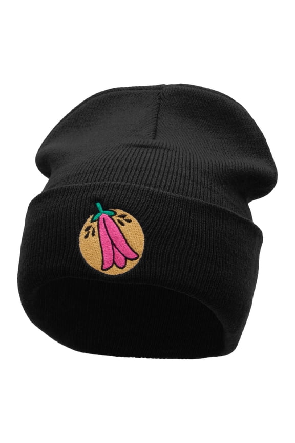 Chile Flower Embroidered 12 Inch Long Knitted Beanie - Black OSFM