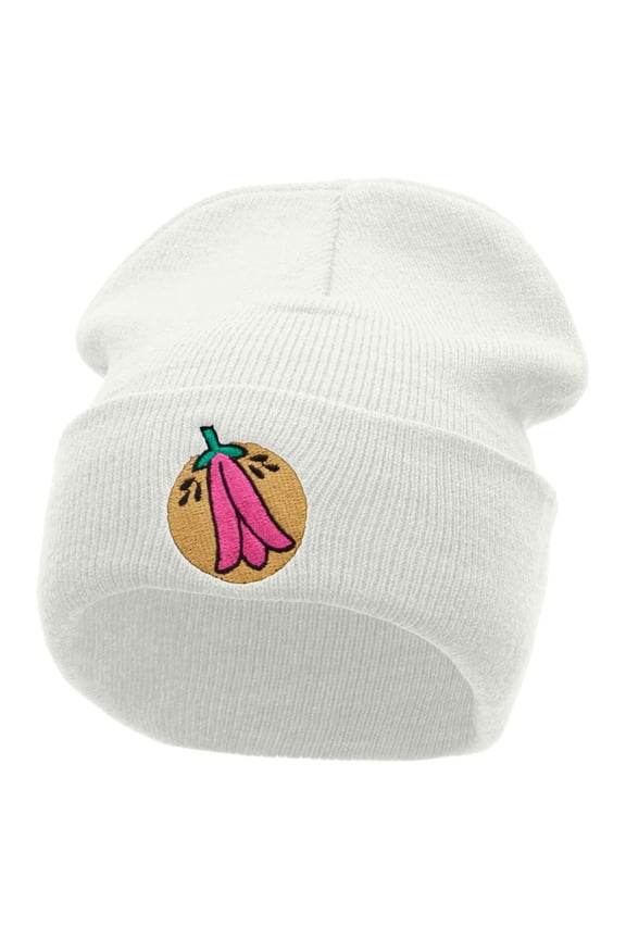 Chile Flower Embroidered 12 Inch Long Knitted Beanie - White OSFM