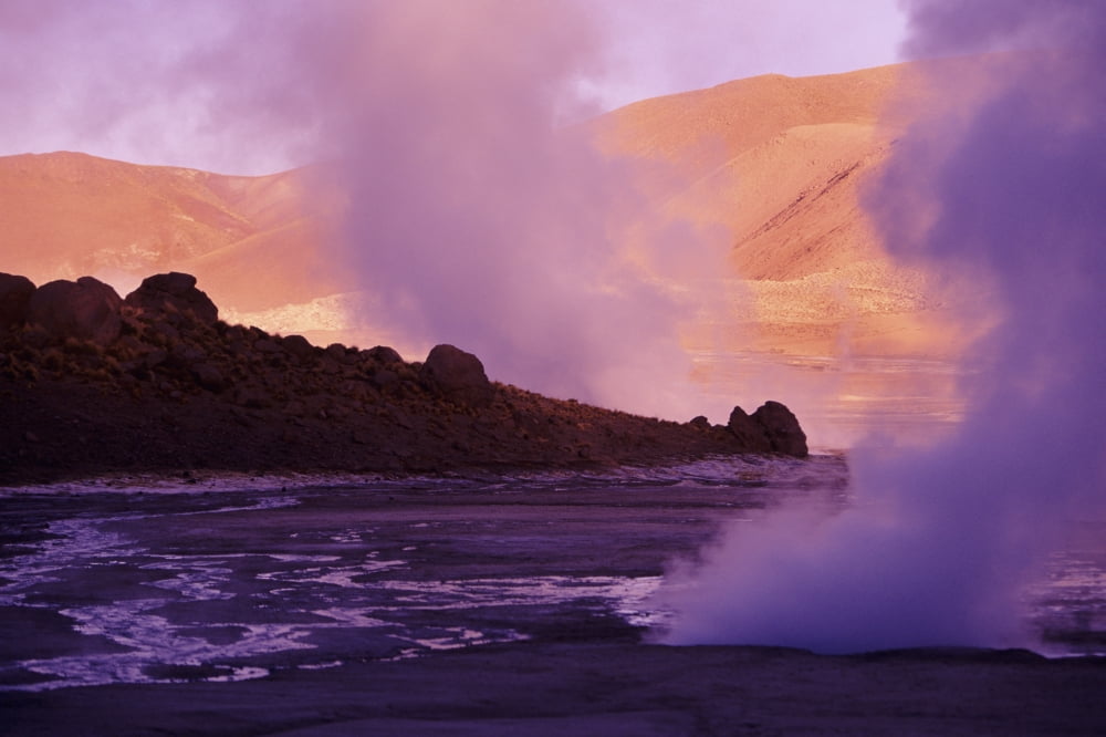 Chile Late Afternoon Lighting Atacama Desert Steam rising from soil El Tatio Geysers Canvas Art - Larry Dale Gordon Design Pics (34 x 22)