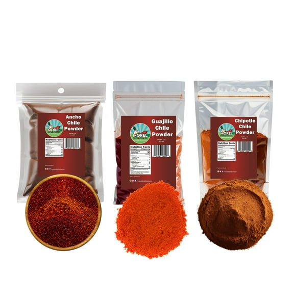 Chile Powder Trio. Ancho Powder, Chipotle Powder, Guajillo Powder. (3 pack) 12 oz Total.
