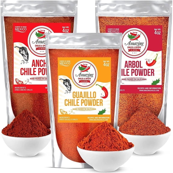 Amazing Chiles and Spices Ground Chile Powder Variety Pack, Ancho, Guajillo, and Arbol, 12 oz