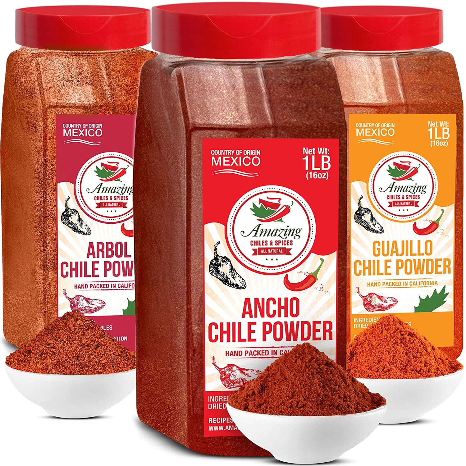 Chile Powder Variety Pack 48 oz Total Ancho, Guajillo and Arbol – Made From Pure Ground Dried Chiles - Staple in Mexican Recipes by Amazing Chiles & Spices