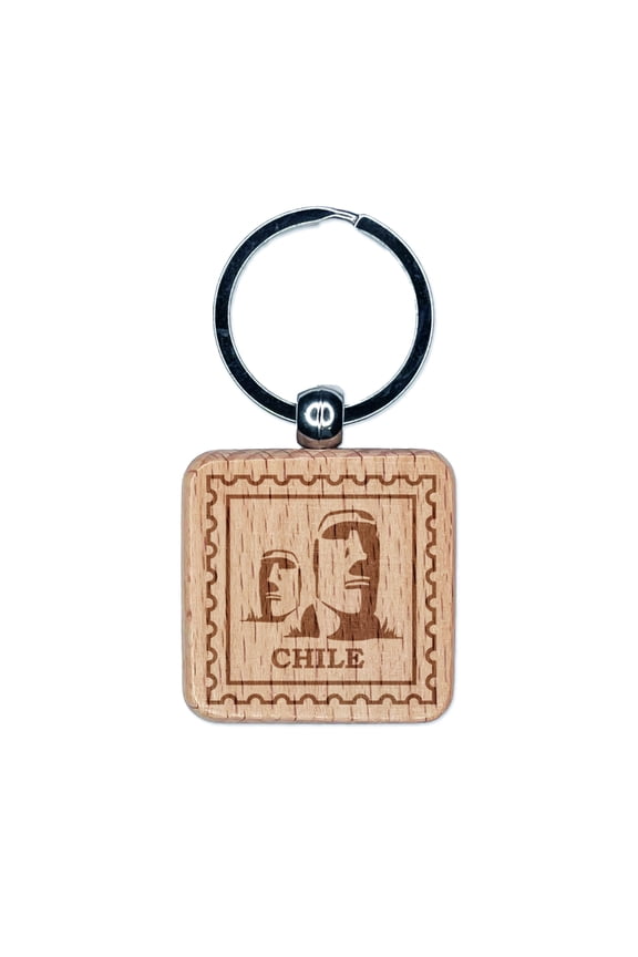 Chile Travel Easter Island Statues Square Keychain Charm Tag - Engraved Wood