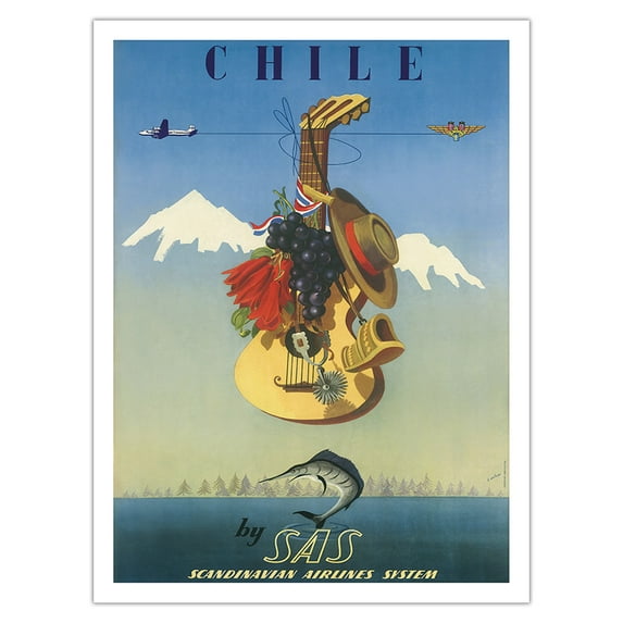 Chile by SAS - Scandinavian Airlines System - Vintage Airline Travel Poster by De Ambrogio c.1951 - Fine Art Matte Paper Print (Unframed) 24x32in