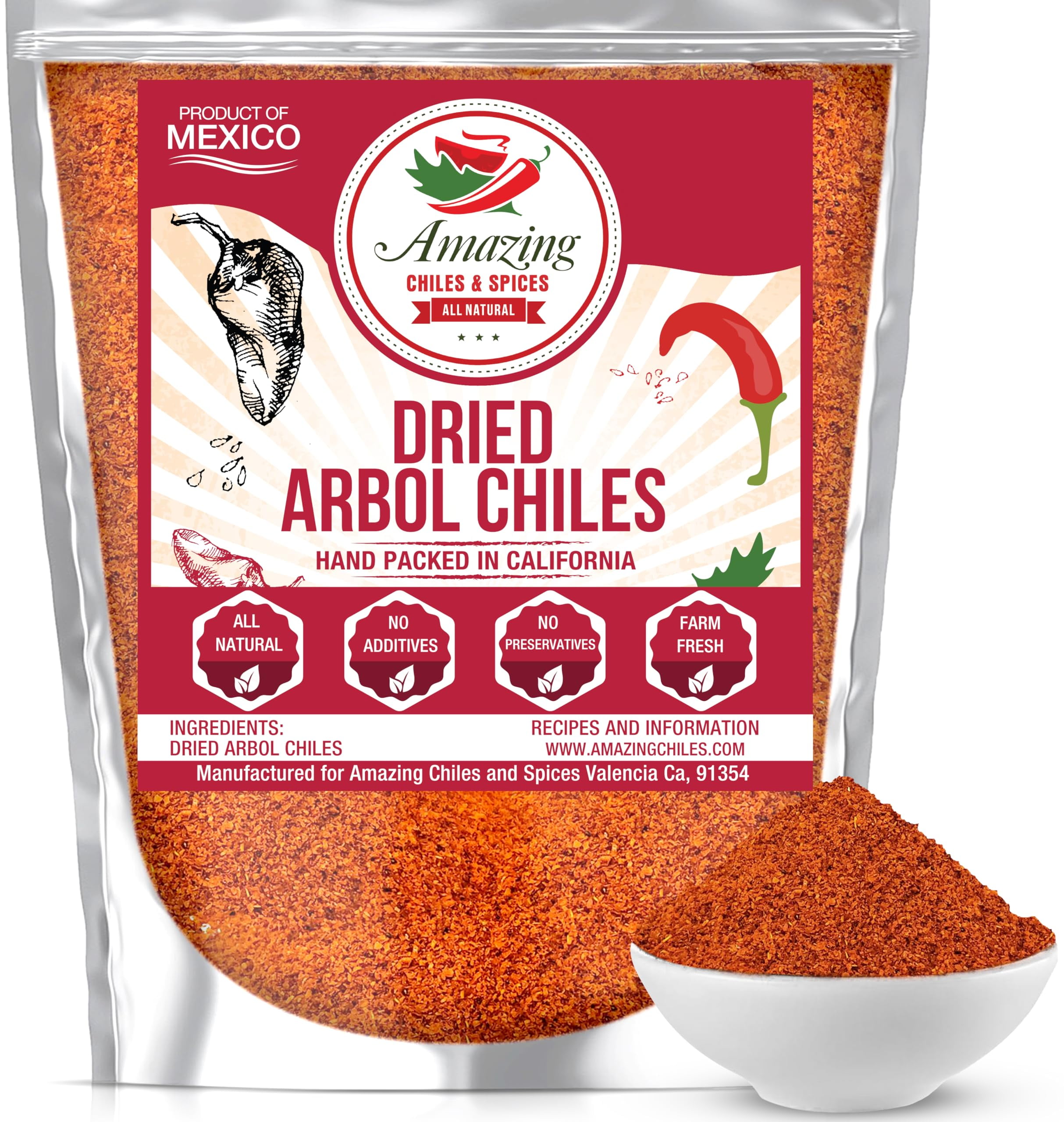 Chile de Arbol Dried Red Chili Pepper Powder 8oz Ground Peppers