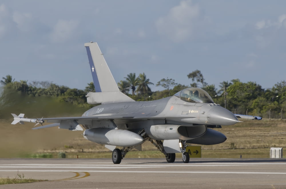 Chilean Air Force F-16 at Natal Air Force Base Brazil Canvas Art - Giovanni CollaStocktrek Images (34 x 23)