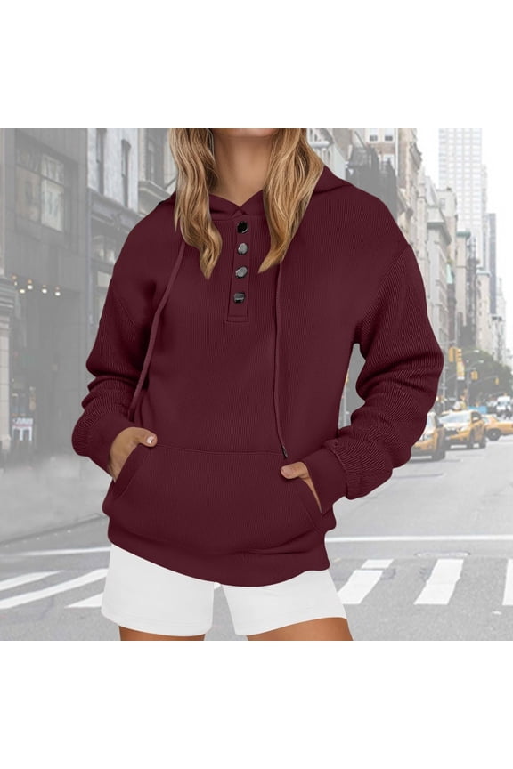 Women's Solid Color Hooded Sweatshirt for Everyday Wear Casual Long Sleeve Button-Up Top with Ice Silk Ribbed Finish for Spring Autumn Comfort Red XXL
