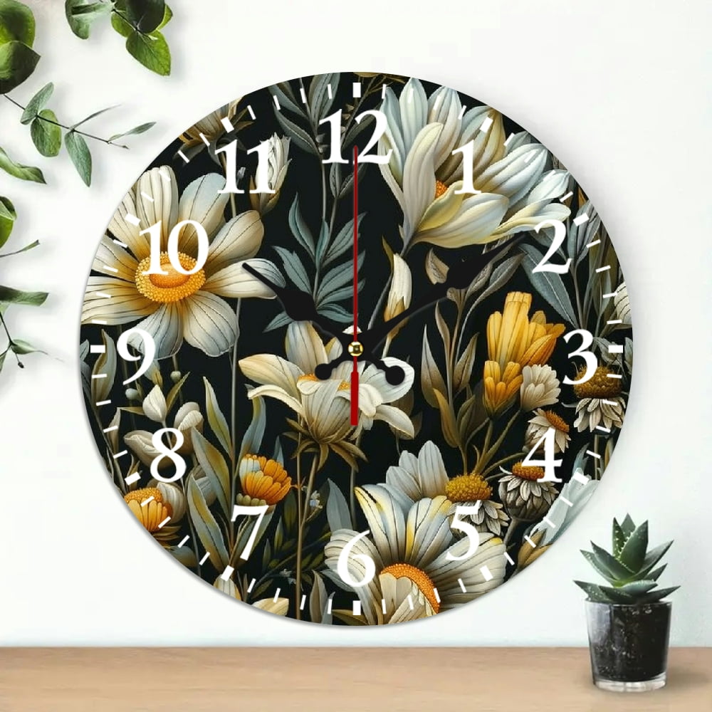 Chilfamy 10 Inch Wall Clock Floral Design Silent Movement Home Decor ...