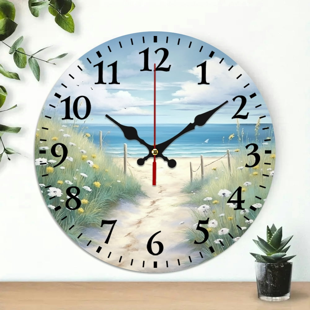 Chilfamy 10 Inch Wall Clock Flowers Blue Sky Beach Path Print Wall Art ...