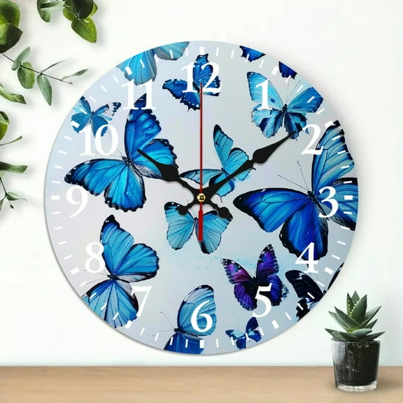 Chilfamy 10 Inch Wooden Wall Clock with Damien Hirst Butterflies Print, Silent Mechanical Movement Wall Hanging Decor for Living Room, Bedroom, Kitchen, Home Office - Decorative Round Analog Clock