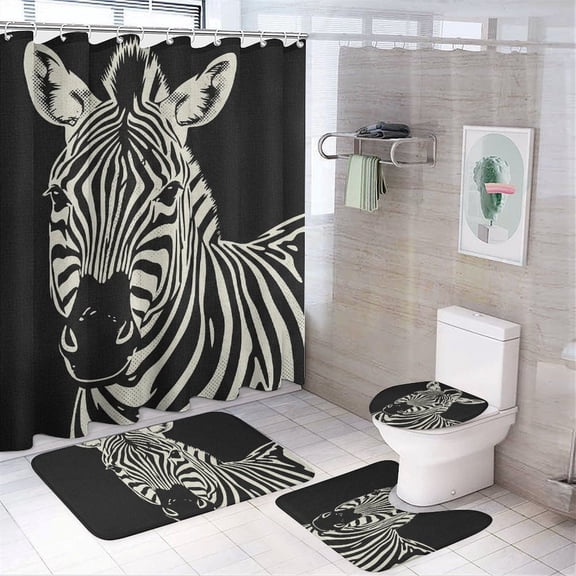Chilfamy 4PCS Abstract Animal Stripe Zebra Waterproof Shower Curtain Sets with Hooks,Bathroom Sets with Non-Slip Rugs,Toilet Lid Cover and Bath Mat
