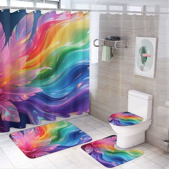 Chilfamy 4PCS Abstract Gradients Ocean Rainbow Trail Waterproof Shower Curtain Sets with Hooks,Bathroom Sets with Non-Slip Rugs,Toilet Lid Cover and Bath Mat