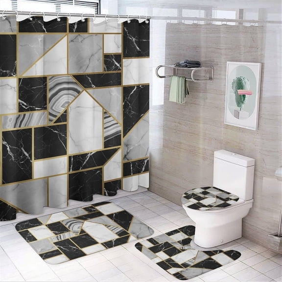 Chilfamy 4PCS Abstract Marble Granite Agate Gold Waterproof Shower Curtain Sets with Hooks,Bathroom Sets with Non-Slip Rugs,Toilet Lid Cover and Bath Mat