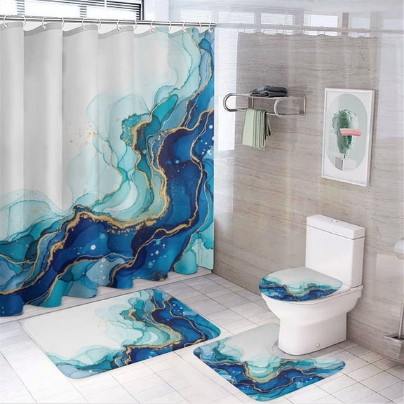 Chilfamy 4PCS Abstract Turquoise Marble Waterproof Shower Curtain Sets with Hooks,Bathroom Sets with Non-Slip Rugs,Toilet Lid Cover and Bath Mat