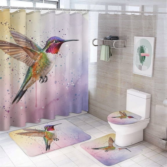 Chilfamy 4PCS Abstract Watercolor Hummingbird Waterproof Shower Curtain Sets with Hooks,Bathroom Sets with Non-Slip Rugs,Toilet Lid Cover and Bath Mat