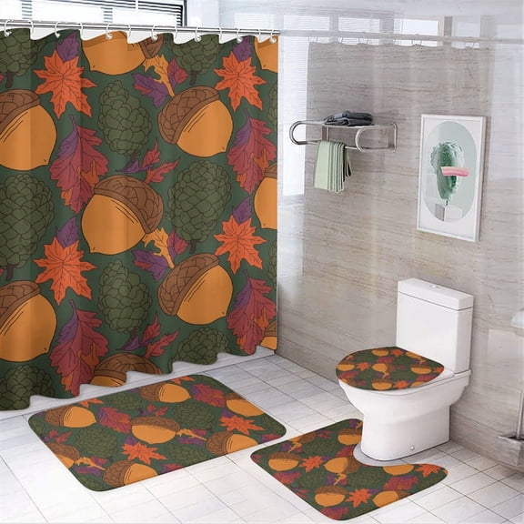 Chilfamy 4PCS Acorn & Pinecone Waterproof Shower Curtain Sets with Hooks,Bathroom Sets with Non-Slip Rugs,Toilet Lid Cover and Bath Mat