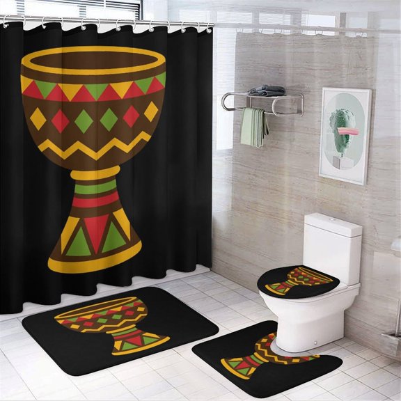 Chilfamy 4PCS African Unity Cup Waterproof Shower Curtain Sets with Hooks,Bathroom Sets with Non-Slip Rugs,Toilet Lid Cover and Bath Mat