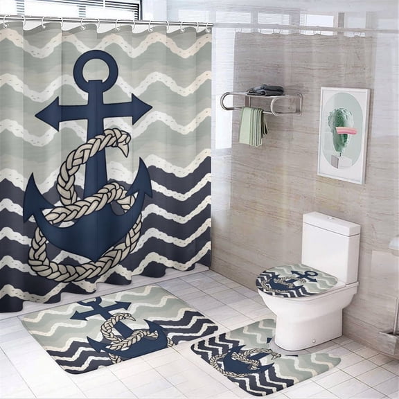 Chilfamy 4PCS Anchor Chevron Ocean Nautical Waterproof Shower Curtain Sets with Hooks,Bathroom Sets with Non-Slip Rugs,Toilet Lid Cover and Bath Mat