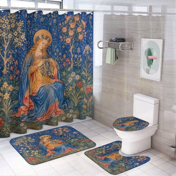 Chilfamy 4PCS Angel Sitting Blue Floral Garden Nature Pattern Waterproof Shower Curtain Sets with Hooks,Bathroom Sets with Non-Slip Rugs,Toilet Lid Cover and Bath Mat