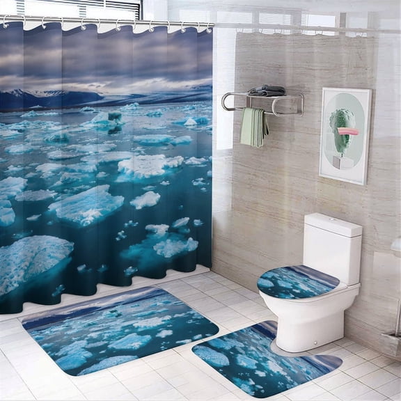 Chilfamy 4PCS Arctic Ice Floes Under Dramatic Sky Waterproof Shower Curtain Sets with Hooks,Bathroom Sets with Non-Slip Rugs,Toilet Lid Cover and Bath Mat