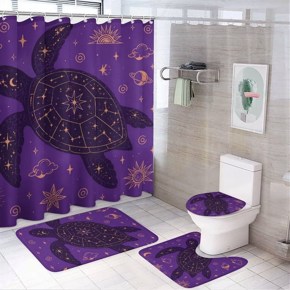 Chilfamy 4PCS Astral Sea Turtle with Celestial Shell Waterproof Shower Curtain Sets with Hooks,Bathroom Sets with Non-Slip Rugs,Toilet Lid Cover and Bath Mat