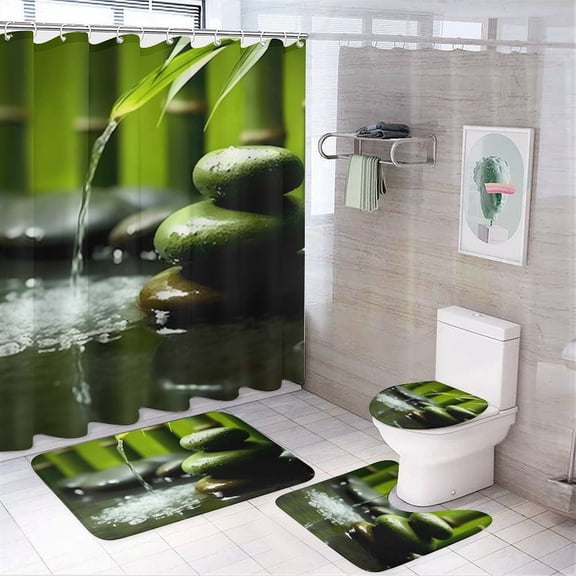 Chilfamy 4PCS Bamboo Zen Spa Stones Water Flow Meditation Green Waterproof Shower Curtain Sets with Hooks,Bathroom Sets with Non-Slip Rugs,Toilet Lid Cover and Bath Mat