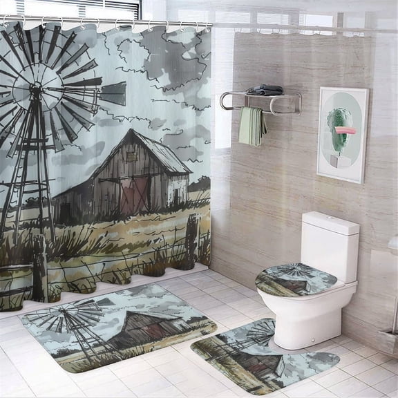 Chilfamy 4PCS Barn Windmill Field Waterproof Shower Curtain Sets with Hooks,Bathroom Sets with Non-Slip Rugs,Toilet Lid Cover and Bath Mat