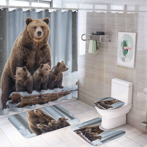 Chilfamy 4PCS Bear And Cubs Love Family Waterproof Shower Curtain Sets with Hooks,Bathroom Sets with Non-Slip Rugs,Toilet Lid Cover and Bath Mat