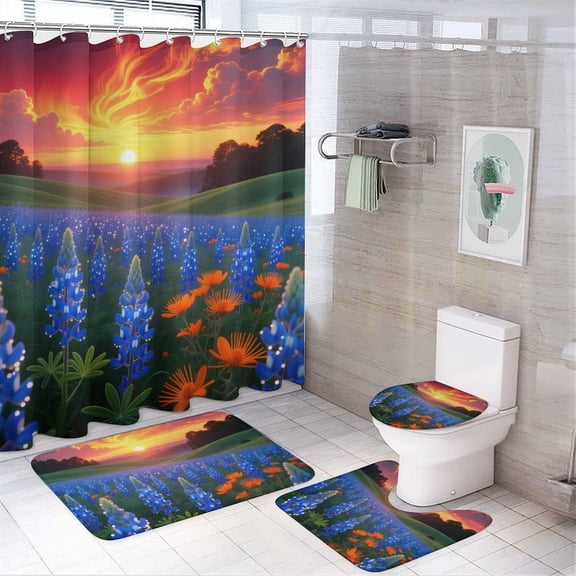 Chilfamy 4PCS Beautiful Texas Bluebonnets Field Waterproof Shower Curtain Sets with Hooks,Bathroom Sets with Non-Slip Rugs,Toilet Lid Cover and Bath Mat