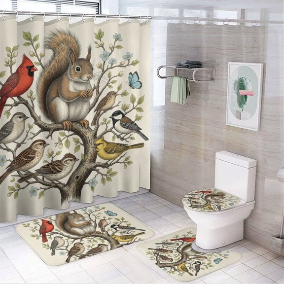Chilfamy 4PCS Bird Squirrel Waterproof Shower Curtain Sets with Hooks,Bathroom Sets with Non-Slip Rugs,Toilet Lid Cover and Bath Mat