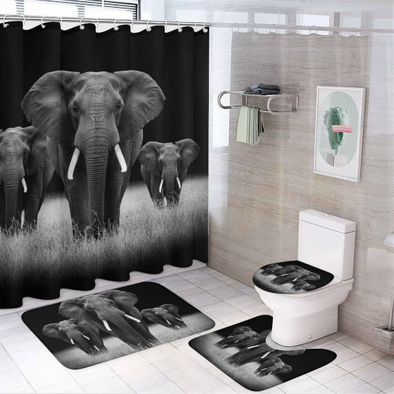 Chilfamy 4PCS Black White Elephant Waterproof Shower Curtain Sets with Hooks,Bathroom Sets with Non-Slip Rugs,Toilet Lid Cover and Bath Mat