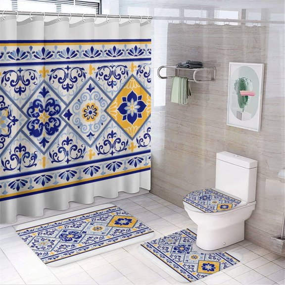 Chilfamy 4PCS Blue Gold Diamond Tile Border Waterproof Shower Curtain Sets with Hooks,Bathroom Sets with Non-Slip Rugs,Toilet Lid Cover and Bath Mat