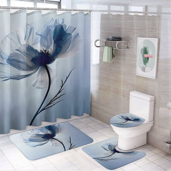 Chilfamy 4PCS Blue Poppy Transparent Petals Waterproof Shower Curtain Sets with Hooks,Bathroom Sets with Non-Slip Rugs,Toilet Lid Cover and Bath Mat