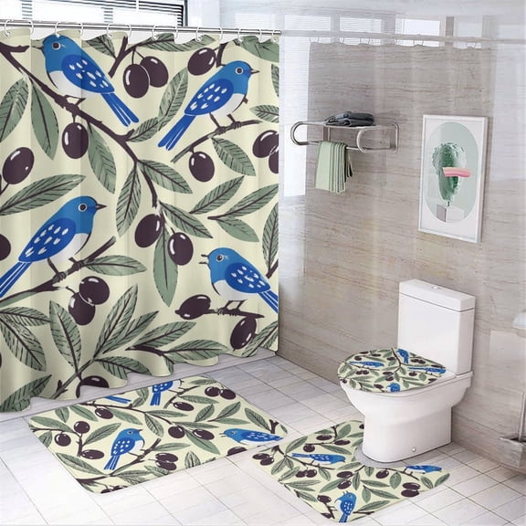 Chilfamy 4PCS Bluebirds In Olive Tree Waterproof Shower Curtain Sets with Hooks,Bathroom Sets with Non-Slip Rugs,Toilet Lid Cover and Bath Mat