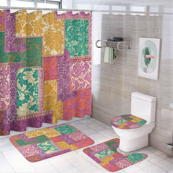 Chilfamy 4PCS Bohemian Patchwork Purple Coral Pattern Waterproof Shower Curtain Sets with Hooks,Bathroom Sets with Non-Slip Rugs,Toilet Lid Cover and Bath Mat