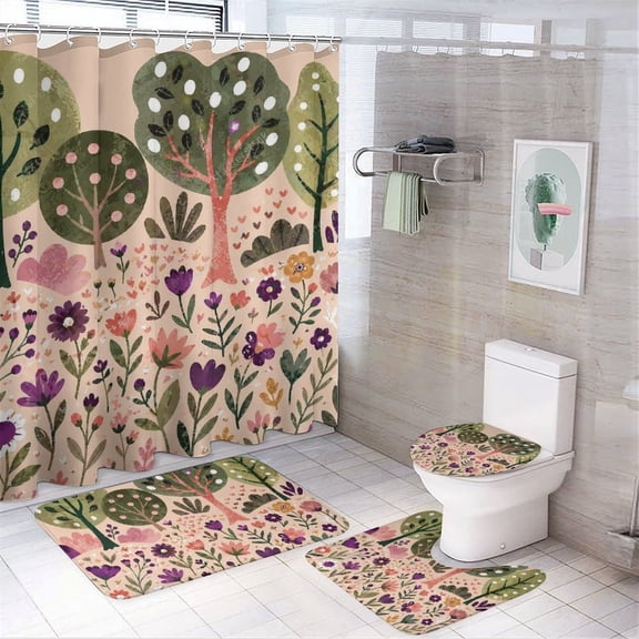 Chilfamy 4PCS Boho Forest Garden Scene Waterproof Shower Curtain Sets with Hooks,Bathroom Sets with Non-Slip Rugs,Toilet Lid Cover and Bath Mat