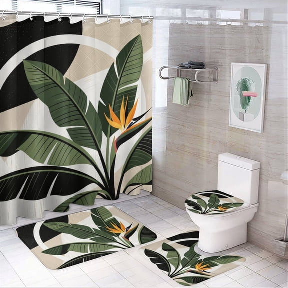 Chilfamy 4PCS Boho Leaf Mid Century Waterproof Shower Curtain Sets with Hooks,Bathroom Sets with Non-Slip Rugs,Toilet Lid Cover and Bath Mat