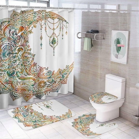 Chilfamy 4PCS Boho Mandala Moon Crescent Waterproof Shower Curtain Sets with Hooks,Bathroom Sets with Non-Slip Rugs,Toilet Lid Cover and Bath Mat