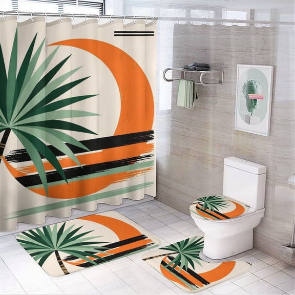 Chilfamy 4PCS Boho Mid Century Modern Tropical Leaves Waterproof Shower Curtain Sets with Hooks,Bathroom Sets with Non-Slip Rugs,Toilet Lid Cover and Bath Mat